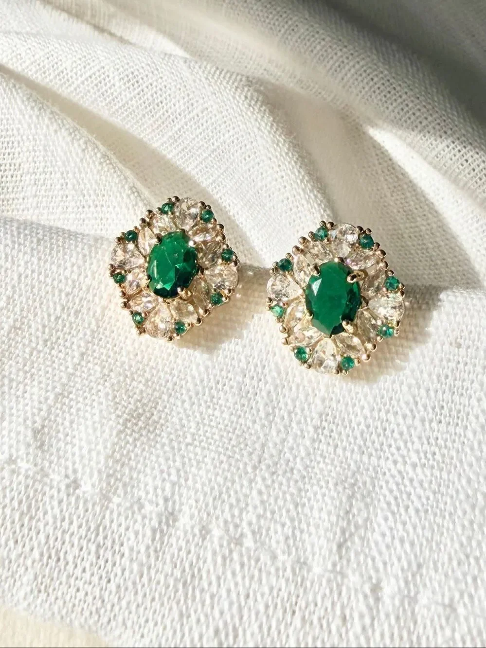 Emerald Green Cubic Zirconia Oval Halo Stud Earrings Gold Tone